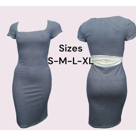 Cute Midi Striped Bodycon Dress with open back, super soft and Stretchy - Picture 1 of 11